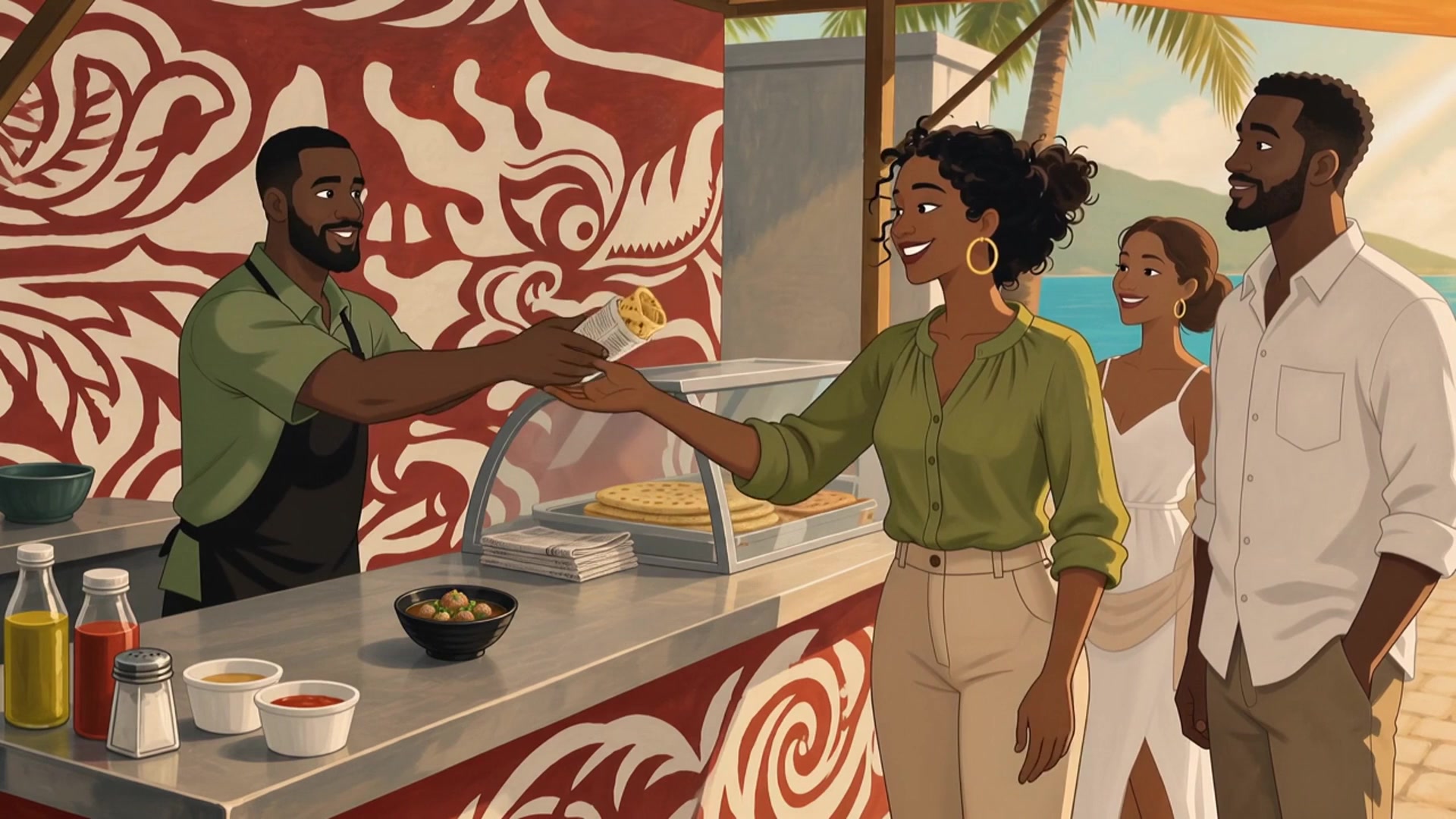 A hand-painted impression of a Port Louis street food walk, with a local guide and visitors at a food counter.